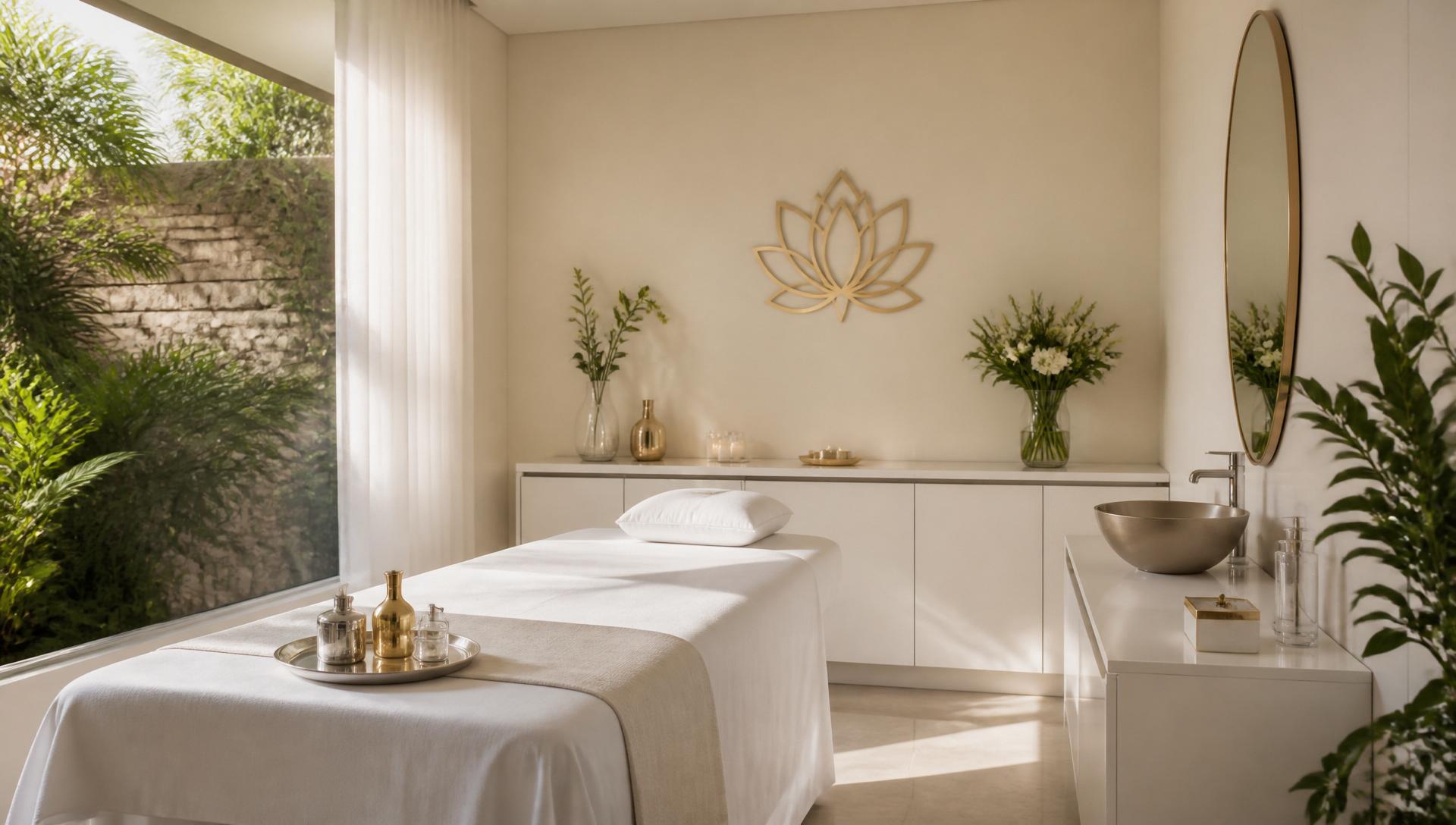 Sala de terapia minimalista com luz natural e detalhes dourados